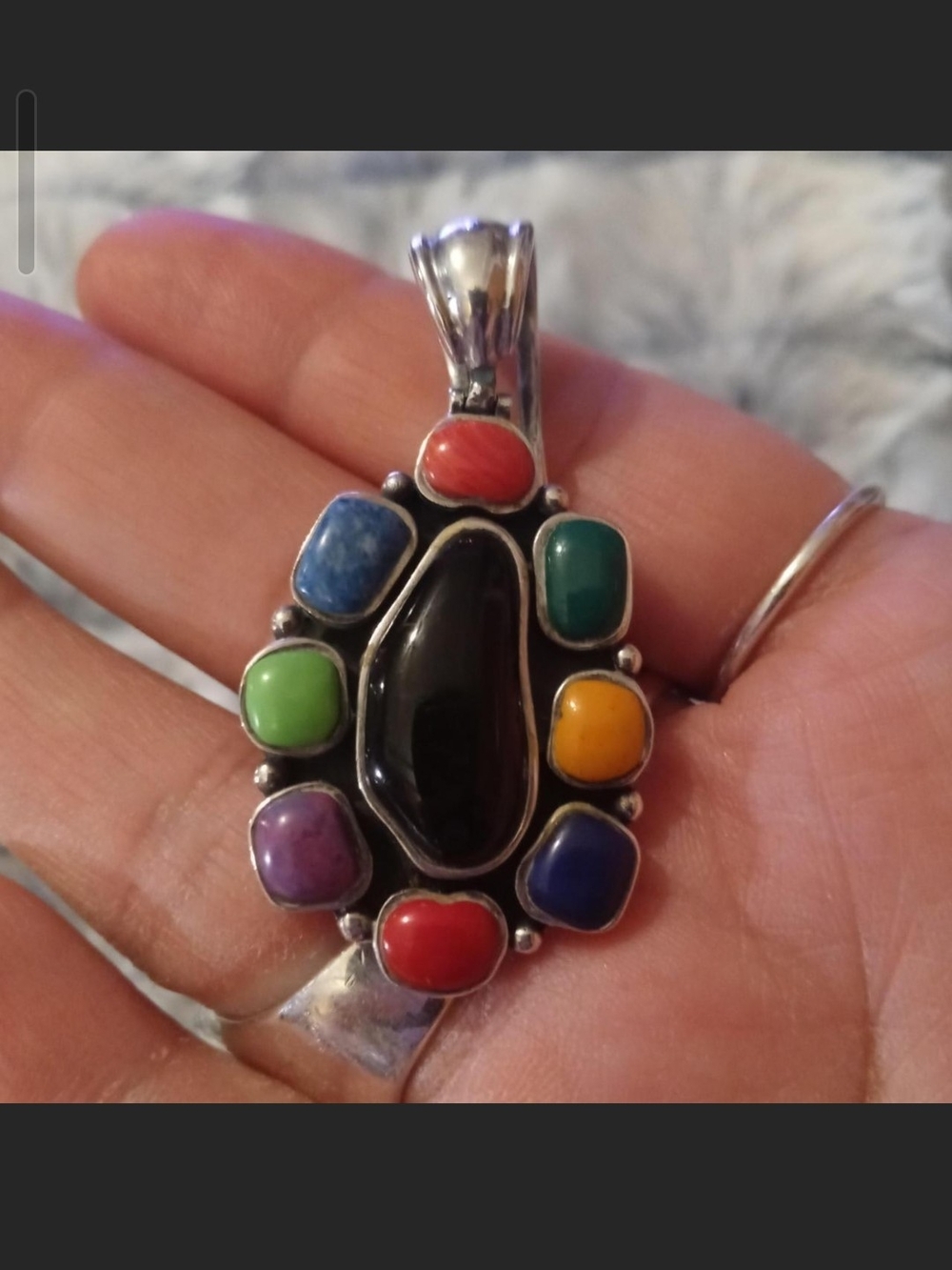 Multi-Stone Rainbow Pendant Necklace - Black Center